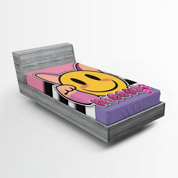 Ambesonne Emoji Fitted Sheet, Meow Funny Kitten Character, Twin XL Size, Pink Lavender and Mustard