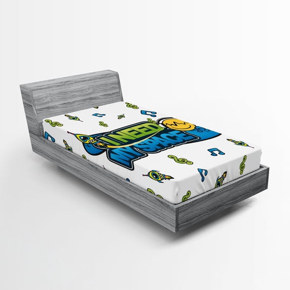 Ambesonne Emoji Fitted Sheet, Music Themed Wavy Face Print, Twin XL Size, White Lime Green and Sea Blue