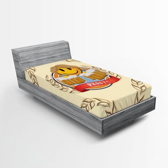 Ambesonne Emoji Fitted Sheet, Octoberfest Prost Cheers Art, Twin Size, Cream and Mustard