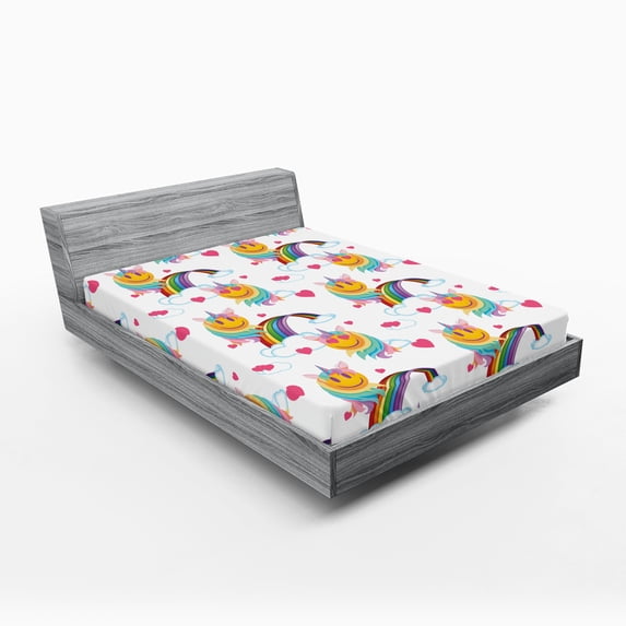 Ambesonne Emoji Fitted Sheet, Pastel Rainbow Unicorn Clouds, California King, White Multicolor