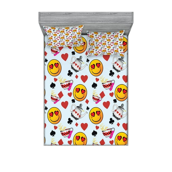 Ambesonne Emoji Fitted Sheet & Pillow Sham Set, Alice Inspirations Pots Faces, Full, Soft Blue Mustard