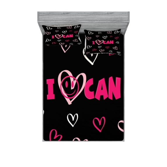 Ambesonne Emoji Fitted Sheet & Pillow Sham Set, Art Heart Pattern Funny Face, King, Charcoal Grey Hot Pink
