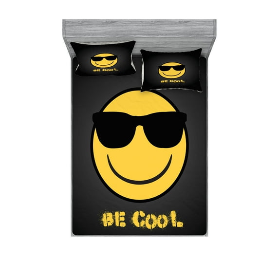 Ambesonne Emoji Fitted Sheet & Pillow Sham Set, Be Cool Smiling Face Artwork, Queen, Charcoal Grey Mustard