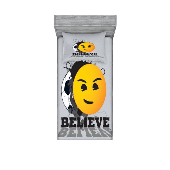 Ambesonne Emoji Fitted Sheet & Pillow Sham Set, Believe Wording and Soccer, Twin, Grey and Pale Orange