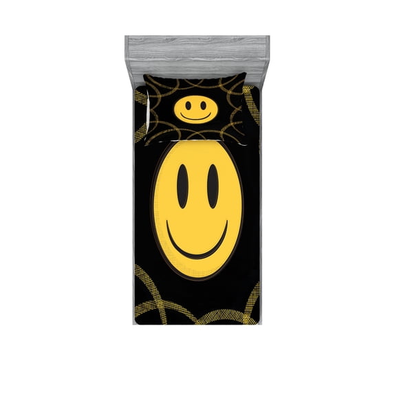 Ambesonne Emoji Fitted Sheet & Pillow Sham Set, Classic Smiling Face Grids, Twinxl, Black Mustard
