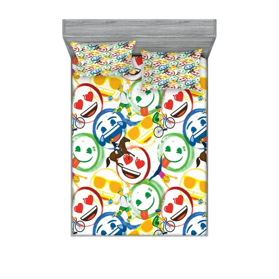 Ambesonne Emoji Fitted Sheet & Pillow Sham Set, Colorful Happy Sports Pattern, Full, Multicolor