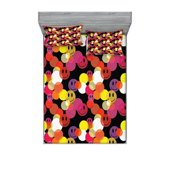 Ambesonne Emoji Fitted Sheet & Pillow Sham Set, Colorful Rounds Funny Faces, Calking, Pink Yellow Black