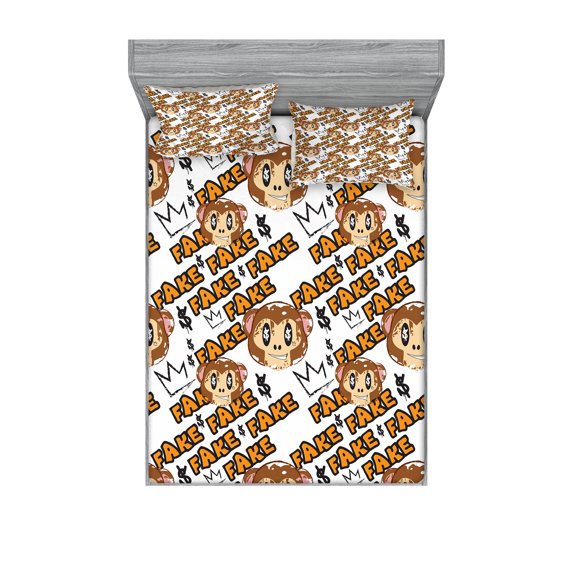 Ambesonne Emoji Fitted Sheet & Pillow Sham Set, Dollar Eyed Monkey Fake Word, Queen, Umber Orange and White