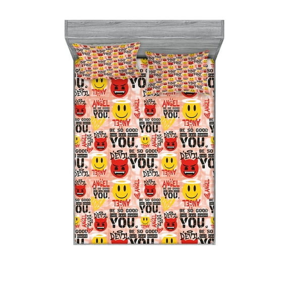 Ambesonne Emoji Fitted Sheet & Pillow Sham Set, Funny Angel Evil Characters, King, Blush Mustard Black