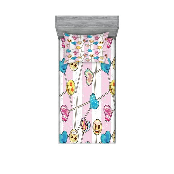 Ambesonne Emoji Fitted Sheet & Pillow Sham Set, Funny Faces Groovy Hearts, Twin, Pale Pink Yellow Sea Blue