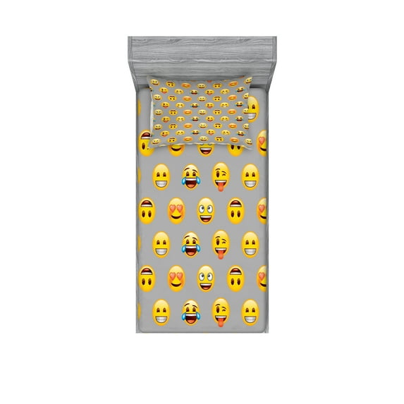 Ambesonne Emoji Fitted Sheet & Pillow Sham Set, Funny Faces Happy Surprised, Twinxl, Pale Grey Yellow
