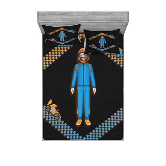 Ambesonne Emoji Fitted Sheet & Pillow Sham Set, Funny Racer Character Cars, Calking, Dark Grey Orange and Blue