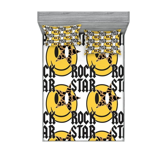 Ambesonne Emoji Fitted Sheet & Pillow Sham Set, Glam Rock Star Leopard Stars, Calking, Mustard Dark Grey Camel