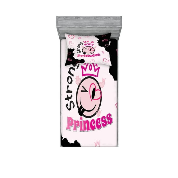 Ambesonne Emoji Fitted Sheet & Pillow Sham Set, Hearts Winking Round Face Art, Twin, White Black and Hot Pink