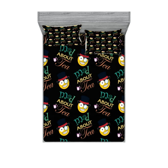 Ambesonne Emoji Fitted Sheet & Pillow Sham Set, Mad About Tea Hatter Alice, Calking, Black and Multicolor