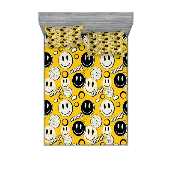 Ambesonne Emoji Fitted Sheet & Pillow Sham Set, Modern Funny Face Memphis Art, Calking, Mustard Eggshell Black