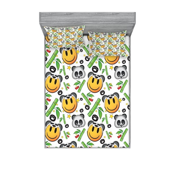 Ambesonne Emoji Fitted Sheet & Pillow Sham Set, Panda and Exotic Branches, Full, Lime Green Grey Orange