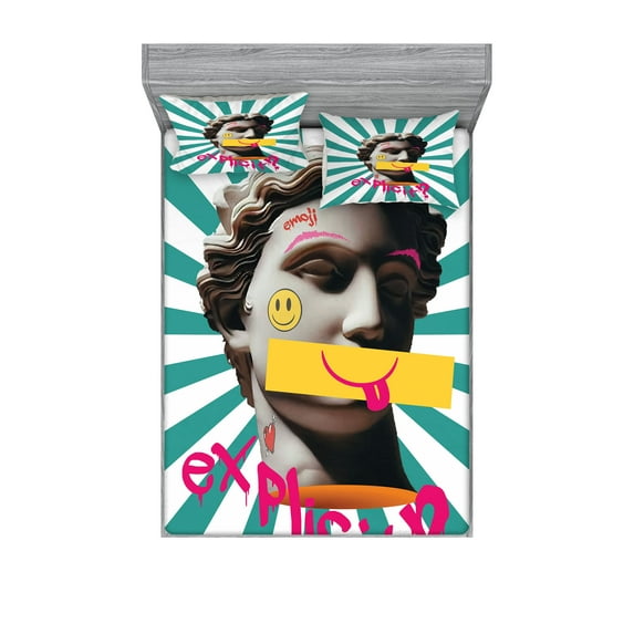 Ambesonne Emoji Fitted Sheet & Pillow Sham Set, Pop Art Antique Whimsical, Full, Seafoam Hot Pink and Mustard