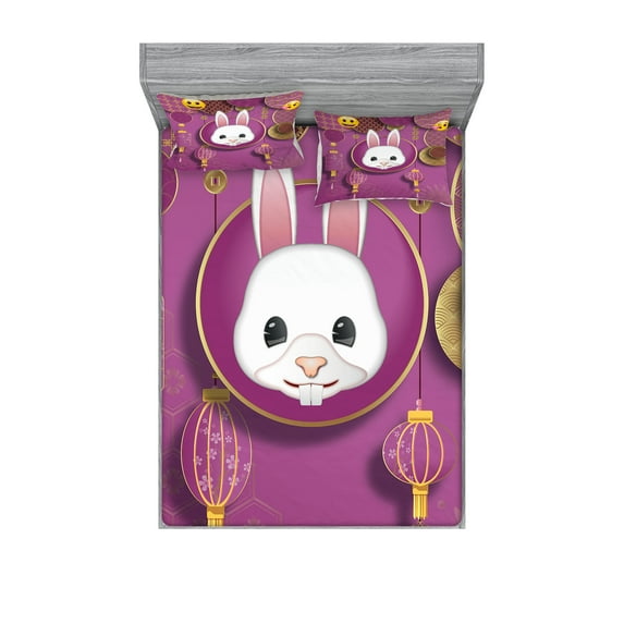 Ambesonne Emoji Fitted Sheet & Pillow Sham Set, Rabbit Folk Eastern Oriental, King, Purple Mustard and Camel