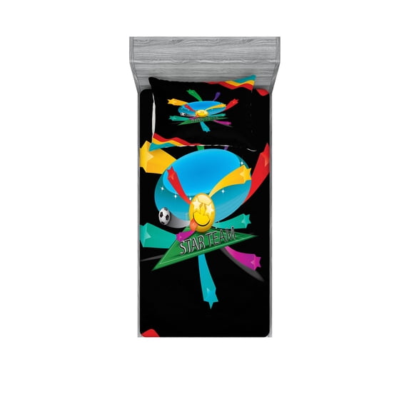 Ambesonne Emoji Fitted Sheet & Pillow Sham Set, Soccer Colorful Stars Pattern, Twinxl, Black and Multicolor