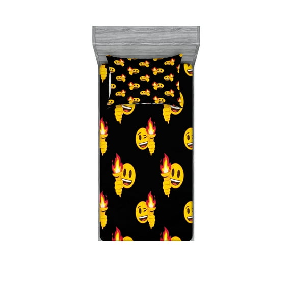 Ambesonne Emoji Fitted Sheet & Pillow Sham Set, Sports Event Themed Design, Twinxl, Mustard Black and Dark Pink