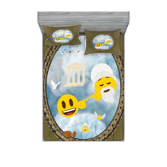 Ambesonne Emoji Fitted Sheet & Pillow Sham Set, Touching the Hand of Man Art, King, Dark Khaki and Blue Grey