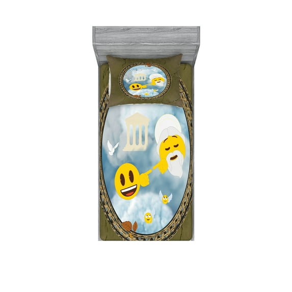Ambesonne Emoji Fitted Sheet & Pillow Sham Set, Touching the Hand of Man Art, Twinxl, Dark Khaki and Blue Grey