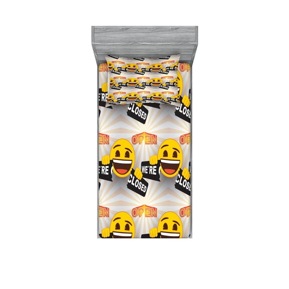 Ambesonne Emoji Fitted Sheet & Pillow Sham Set, Vintage Open Letterings Faces, Twinxl, Mustard Orange and Peach