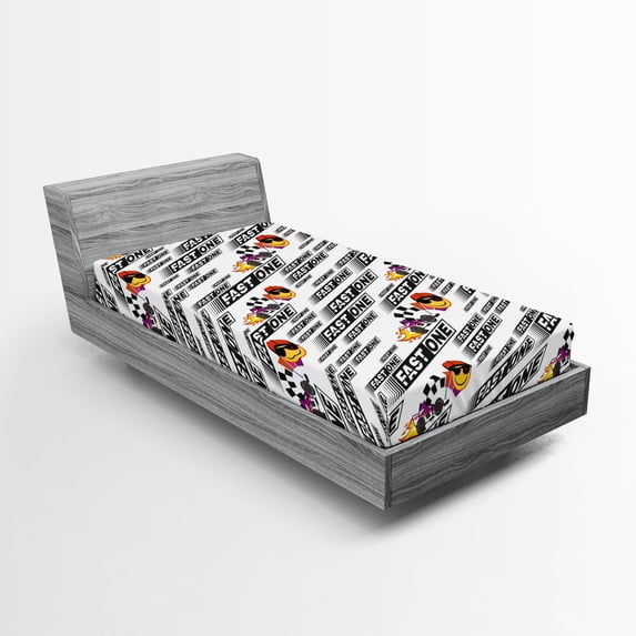 Ambesonne Emoji Fitted Sheet, Racing Formula Smiling Face, Twin XL Size, Black White and Mustard