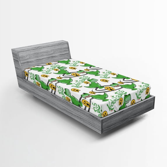 Ambesonne Emoji Fitted Sheet, Shocked Faces Dinosaur Print, Twin Size, White Fern Green Mustard
