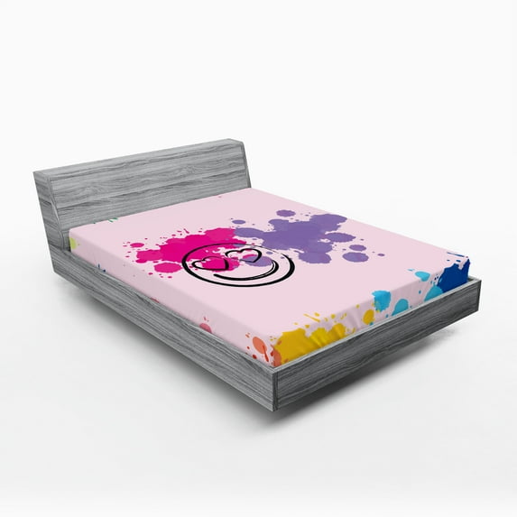 Ambesonne Emoji Fitted Sheet, Simple Heart Eyes Funny Face, Queen Size, Pale Pink Multicolor