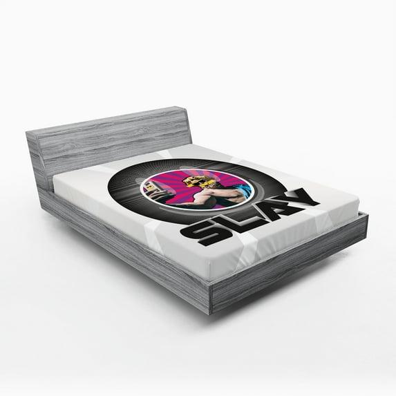 Ambesonne Emoji Fitted Sheet, Slay Taking a Selfie Modern, Full Size, Pale Grey Black and Magenta