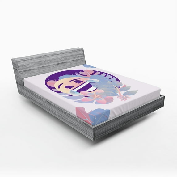 Ambesonne Emoji Fitted Sheet, Tropic Pastel Blooms Leaves, King Size, Ceil Blue Blush and Purple