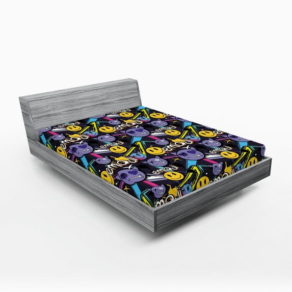 Ambesonne Emoji Fitted Sheet, X Shaped Eye Evil Faces Print, King Size, Violet and Multicolor