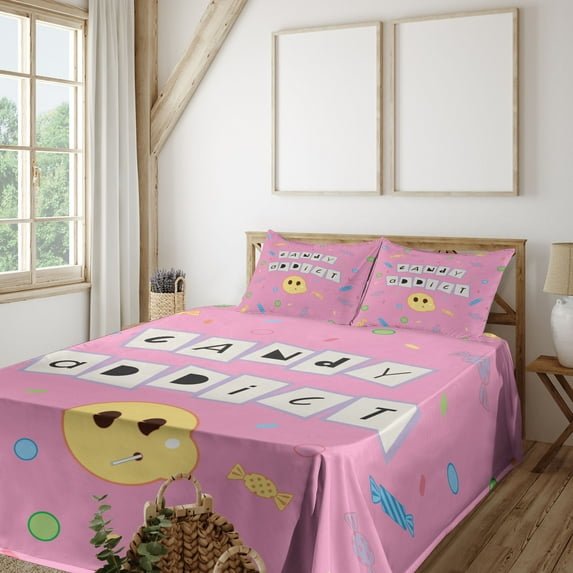 Ambesonne Emoji Fitted & Top Sheet Set with Sham, 90s Letters Candy and Face, Soft Pink Yellow and Eggshell