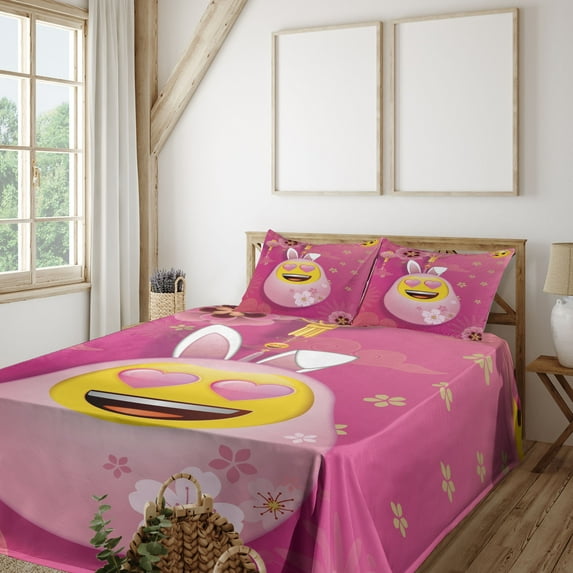 Ambesonne Emoji Fitted & Top Sheet Set with Sham, Asian Blooms Funny Face Art, Pink Mustard White