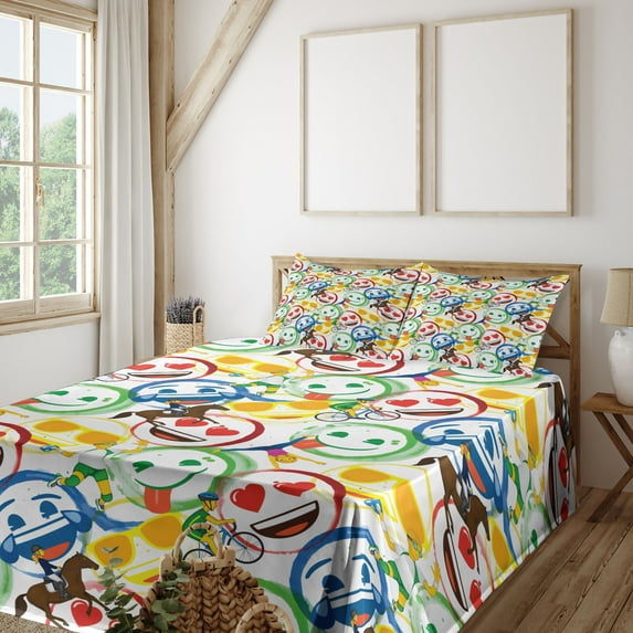 Ambesonne Emoji Fitted & Top Sheet Set with Sham, Colorful Happy Sports Pattern, Multicolor