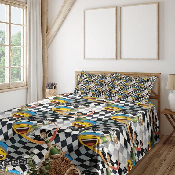 Ambesonne Emoji Fitted & Top Sheet Set with Sham, Fastest Racer Celebration, Dark Grey Green Mustard