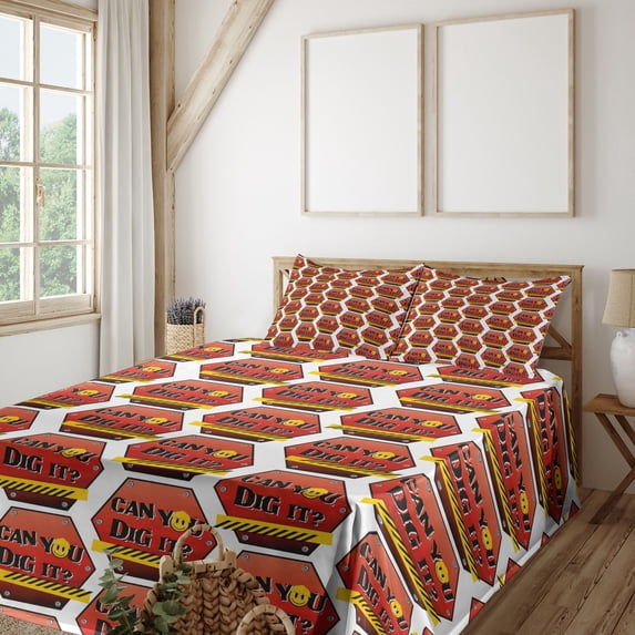 Ambesonne Emoji Fitted & Top Sheet Set with Sham, Funny Faces Modern Writings, White Mustard Ruby