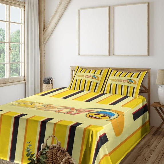 Ambesonne Emoji Fitted & Top Sheet Set with Sham, Racing Team Words on Stripes, Mustard Cream Dark Brown