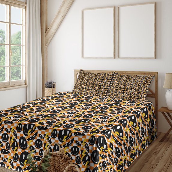Ambesonne Emoji Fitted & Top Sheet Set with Sham, Retro Plaid Bolts and Faces, Orange White and Black