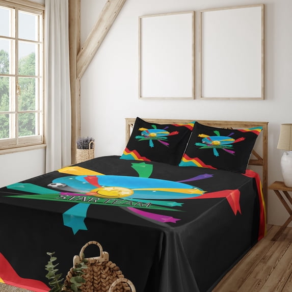 Ambesonne Emoji Fitted & Top Sheet Set with Sham, Soccer Colorful Stars Pattern, Black and Multicolor