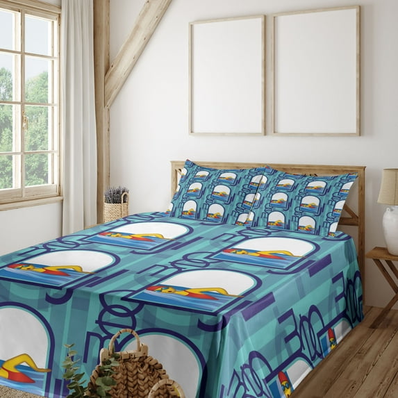 Ambesonne Emoji Fitted & Top Sheet Set with Sham, Swimming Sportsmen Hobby Art, Indigo Seafoam and Blue