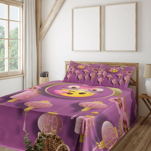 Ambesonne Emoji Fitted & Top Sheet Set with Shams, Chinese Ornaments Funny Face, Pale Purple Mustard