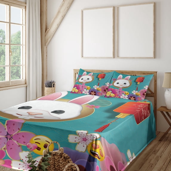 Ambesonne Emoji Fitted & Top Sheet Set with Shams, Chinese Rabbit Funny Faces, White Multicolor and Seafoam