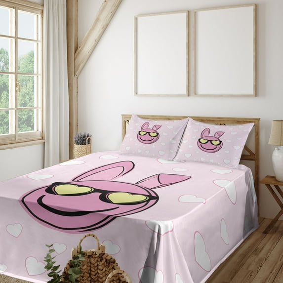 Ambesonne Emoji Fitted & Top Sheet Set with Shams, Easter Lover Bunny Character, Pale Rose Soft Pink White
