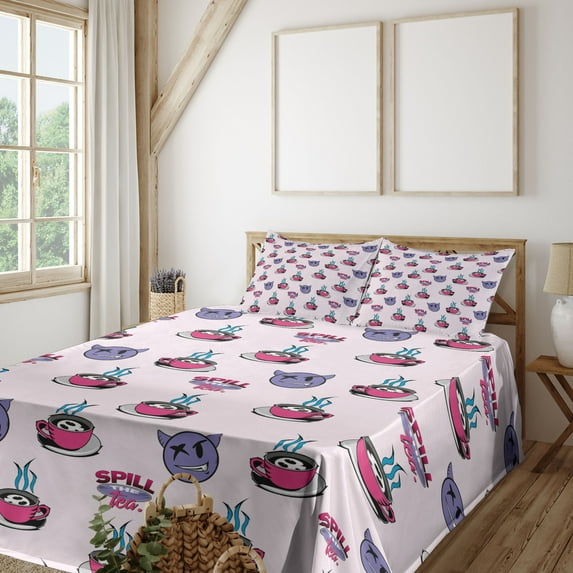 Ambesonne Emoji Fitted & Top Sheet Set with Shams, Evil Faces with Sayings Cups, White Pastel Pink