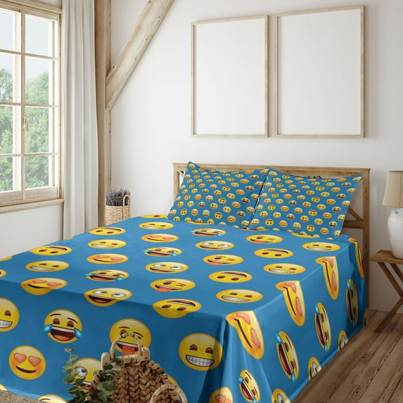 Ambesonne Emoji Fitted & Top Sheet Set with Shams, Funny Faces Happy Surprised, Sea Blue and Yellow
