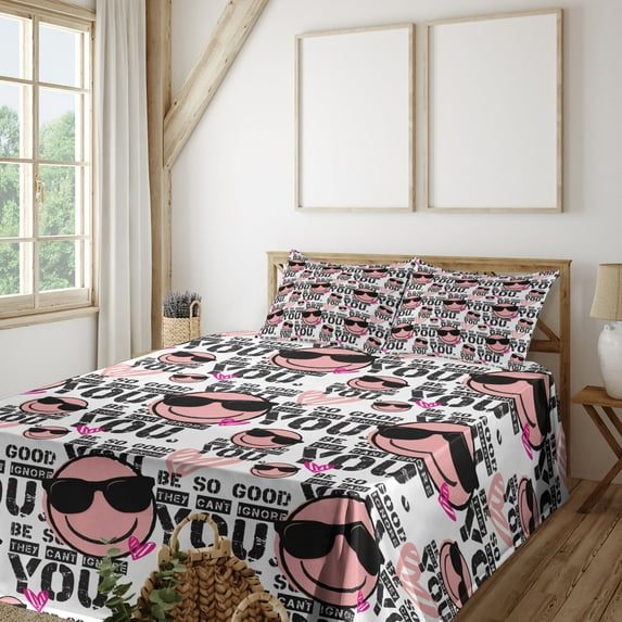 Ambesonne Emoji Fitted & Top Sheet Set with Shams, Grunge Delicate Cool Faces, White Black Blush