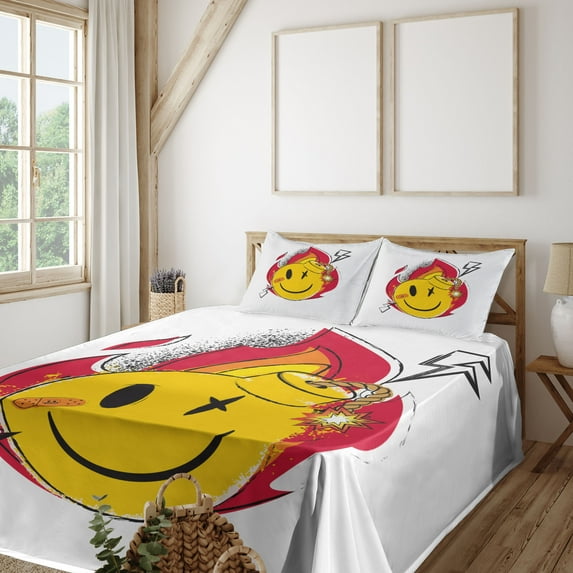 Ambesonne Emoji Fitted & Top Sheet Set with Shams, Grunge Street Art Character, Dark Pink Mustard Orange